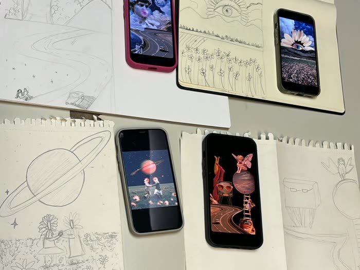 Cuadernos y móviles con los dibujos de la tarde