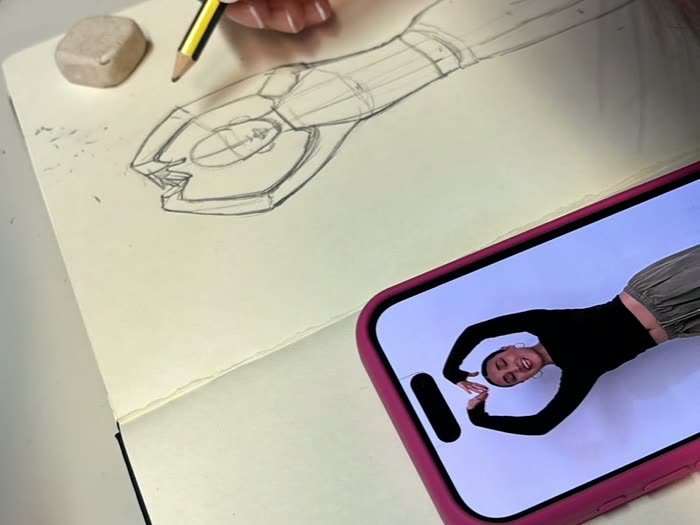Un boceto a lápiz con la foto del modelo al lado